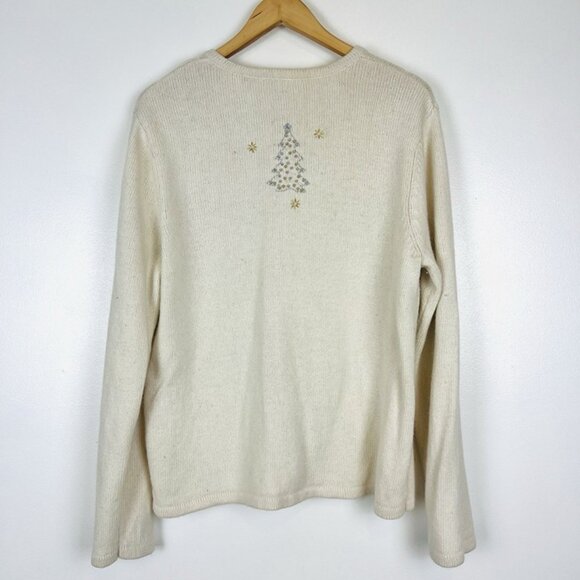 Croft & Barrow Christmas Sweater Cardigan Beaded Tree Snowflakes Ivory sz L - Picture 5 of 9